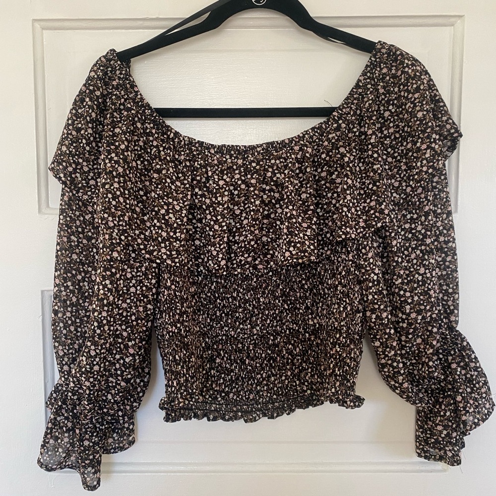 Evelyn Blue large floral off the shoulder ruched top